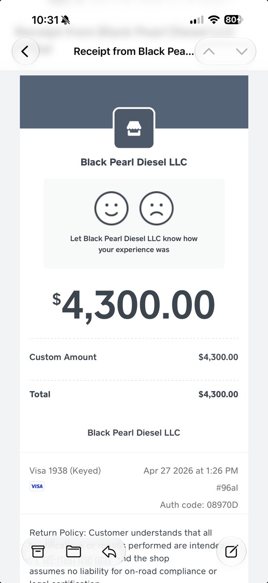 Receipt from Black Pearl Diesel LLC for $4,300.00 dated April 27 2026
