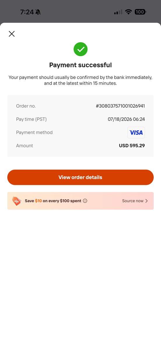 Receipt showing a $595.29 card charge that went through